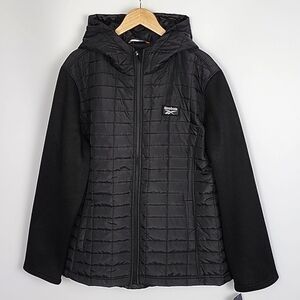 NWT Reebok Women's Quilted Hybrid Puffer Zip Up Hooded Jacket Black 3X